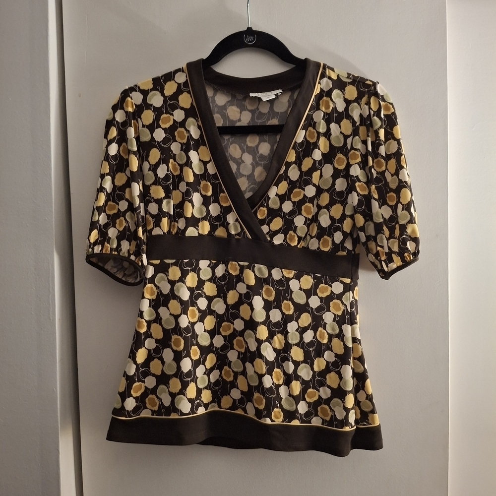Ann Taylor Loft Brown and Yellow Patterned Women's Top